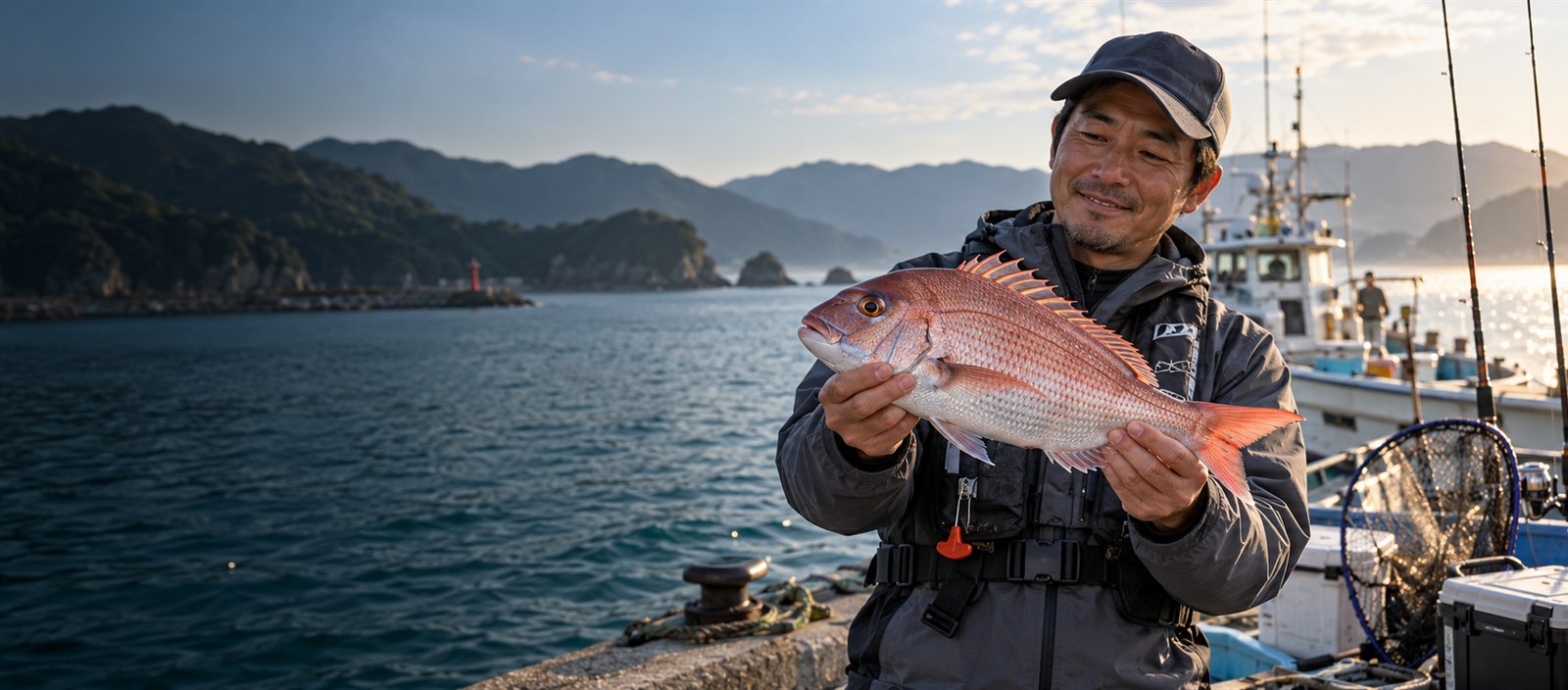 宇和海の磯で釣り方を実践する釣り人