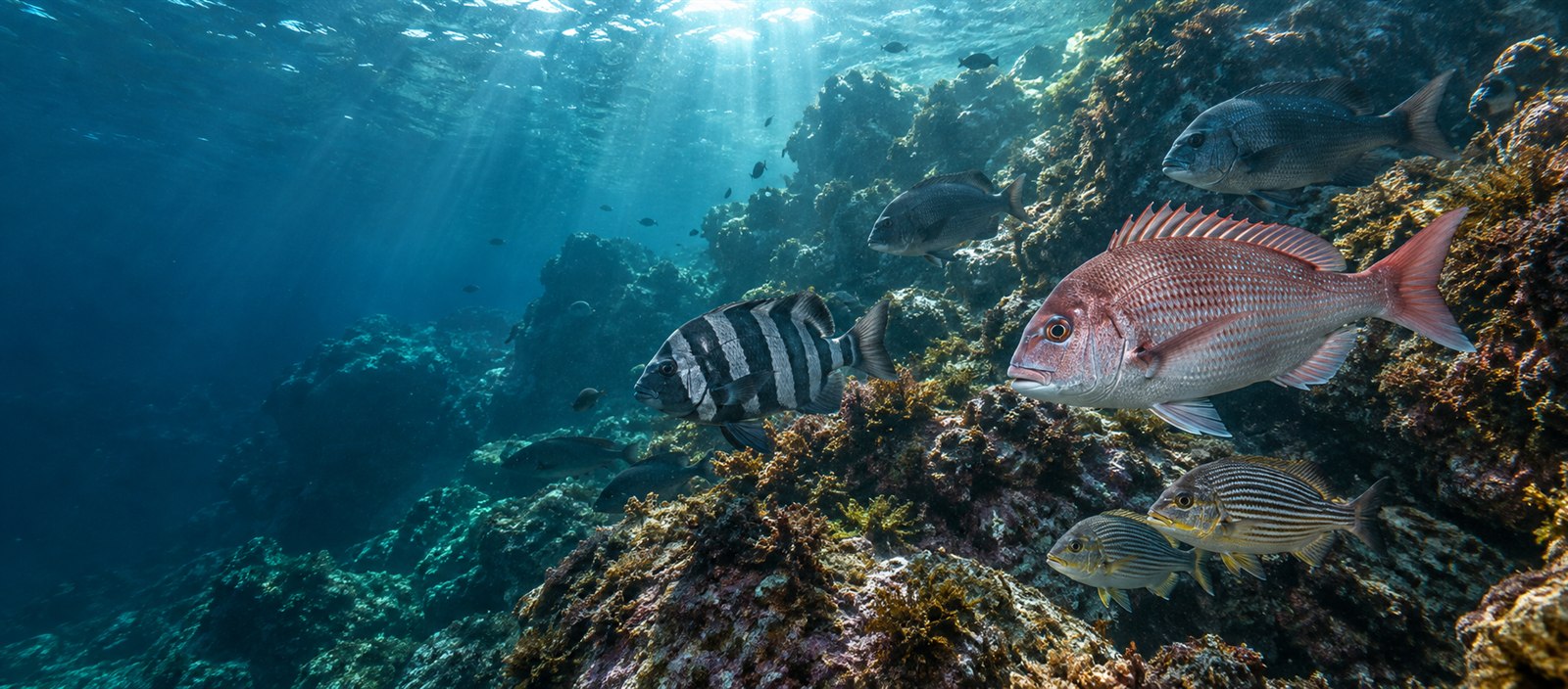 宇和海の岩礁を泳ぐマダイやイシダイなどの魚